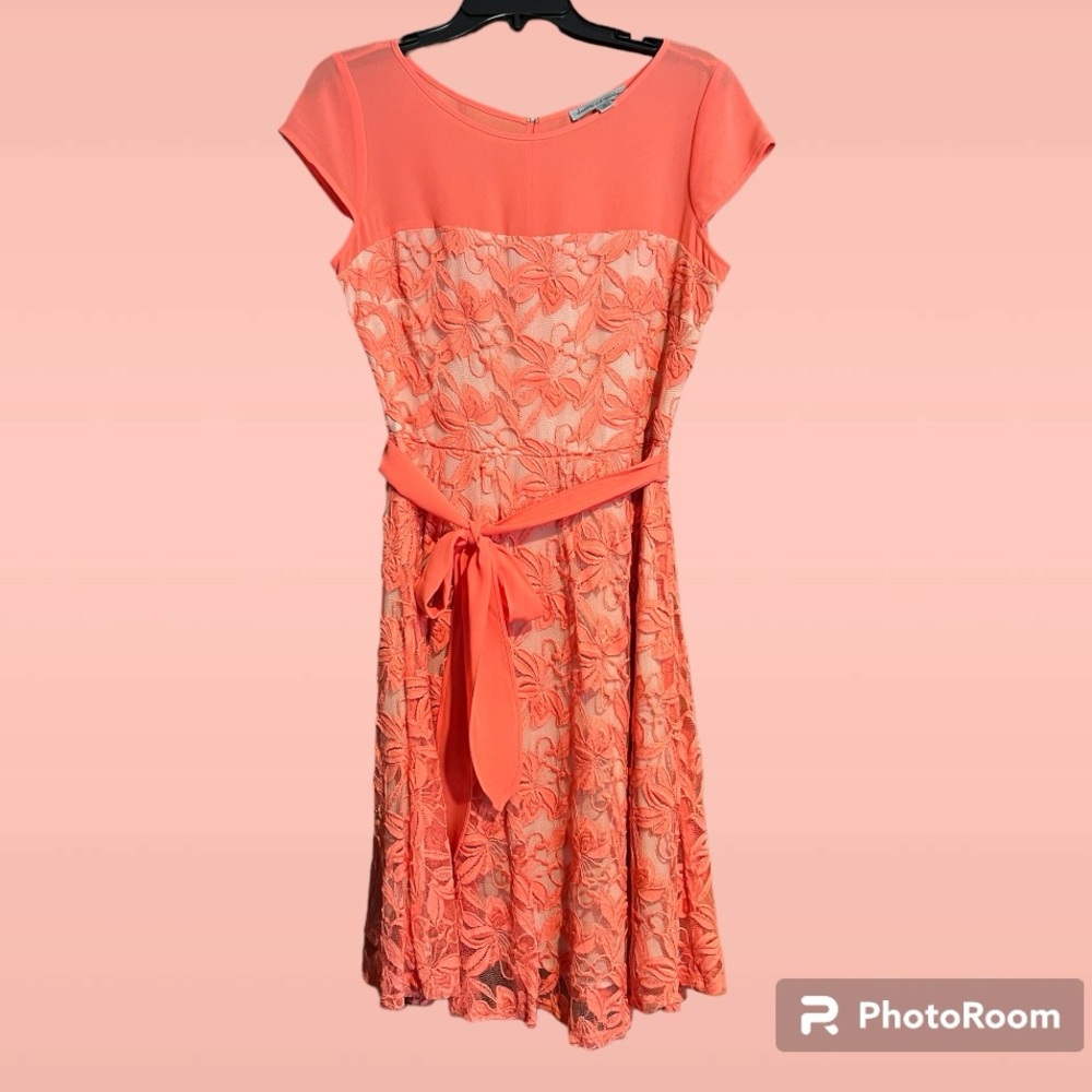 Women’s Danny and Nicole Coral & Nude Lace Cocktail Dress, Knee-Length, Size 8